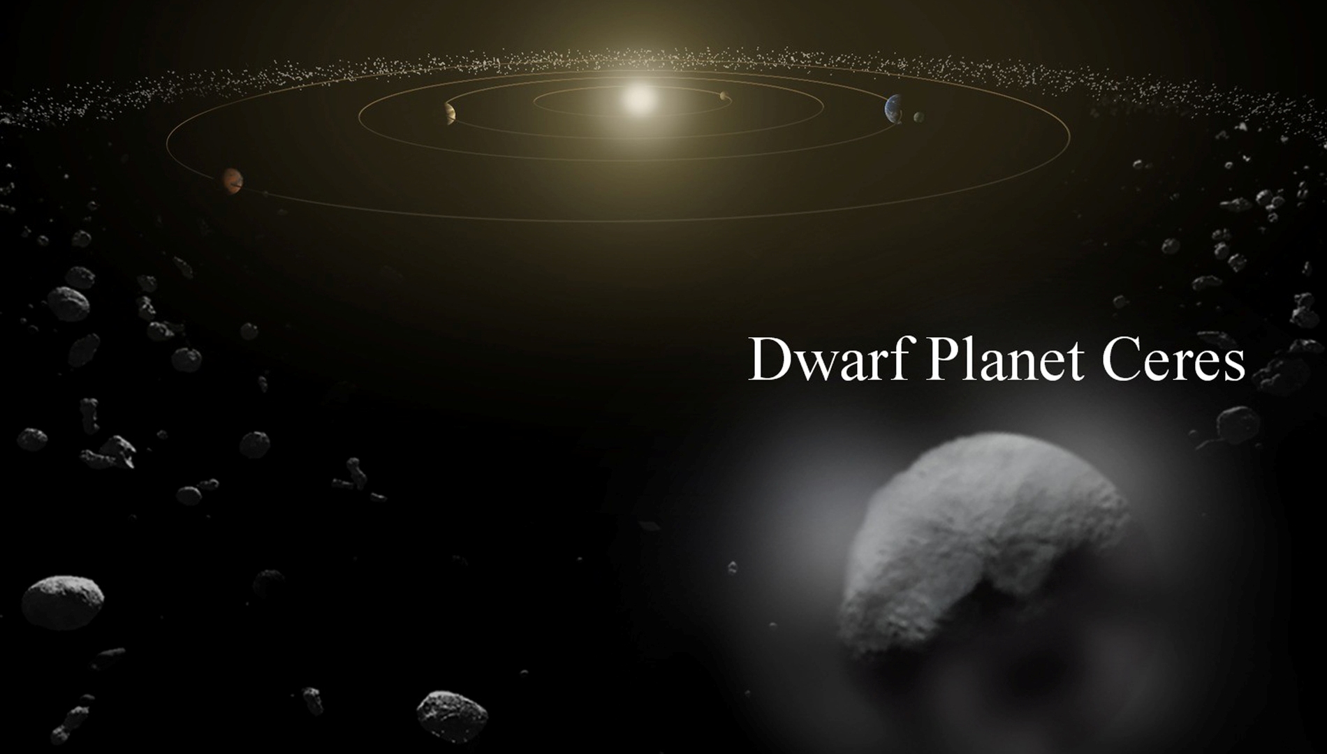 5 of 11. Dwarf planet Ceres is located in the main asteroid belt, between the orbits of Mars and Jupiter, as illustrated in this artist's conception. Observations by the Herschel space observatory between 2011 and 2013 find that the dwarf planet has a thin water vapor atmosphere. This is the first unambiguous detection of water vapor around an object in the asteroid belt. (Credit: ESA/ATG medialab)