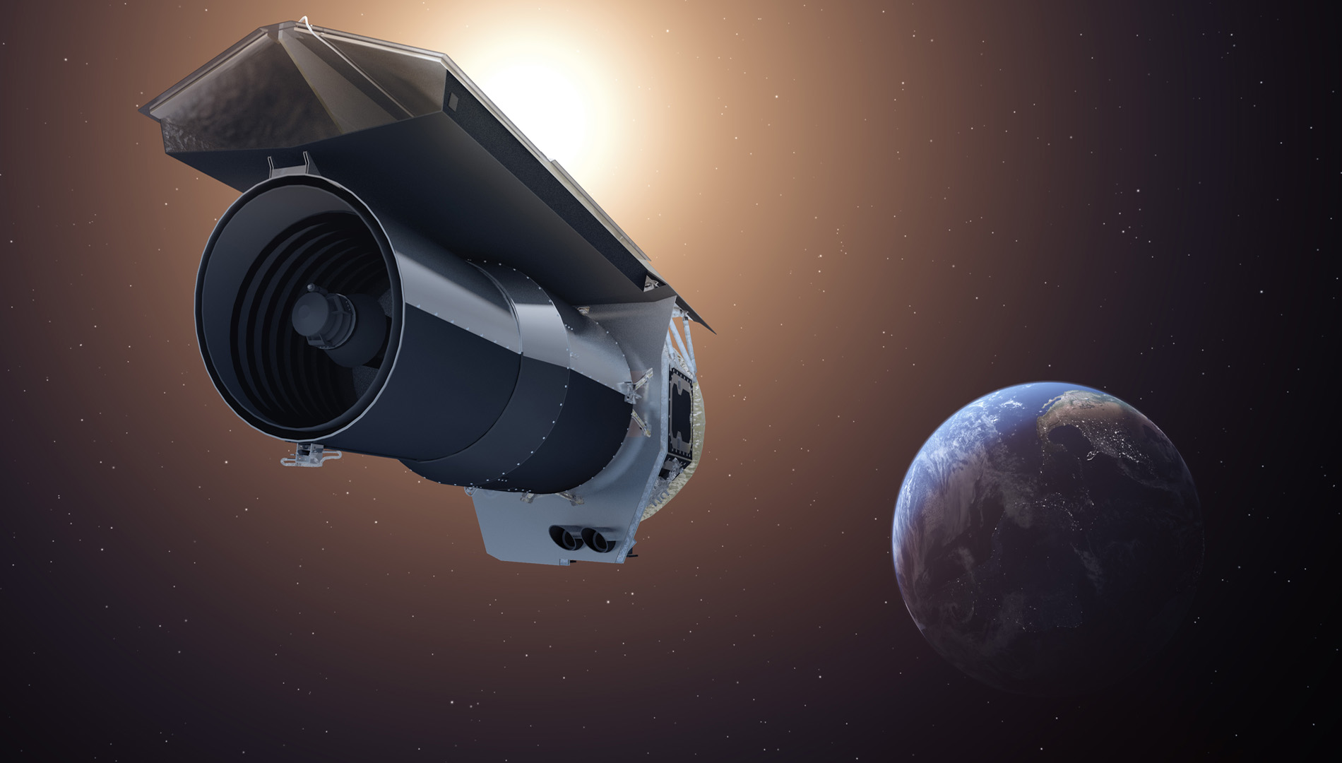 11 of 11. This artist's concept shows NASA's Spitzer Space Telescope. Spitzer begins its 'Beyond' mission phase on Oct. 1, 2016. Spitzer is depicted in the orientation it assumes to establish communications with ground stations. On January 30th 2020, NASA's Spitzer Space Telescope completed its mission. [Credit: NASA/JPL-Caltech/T. Pyle (IPAC)]